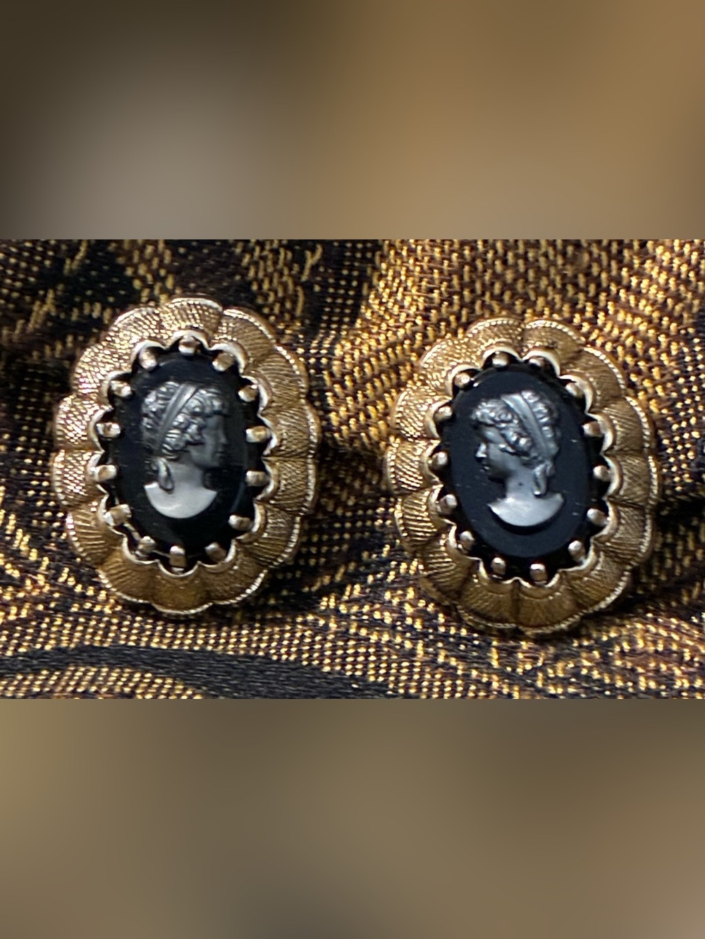 Gold-Tone Western Germany Black Cameo Clip on Earrings